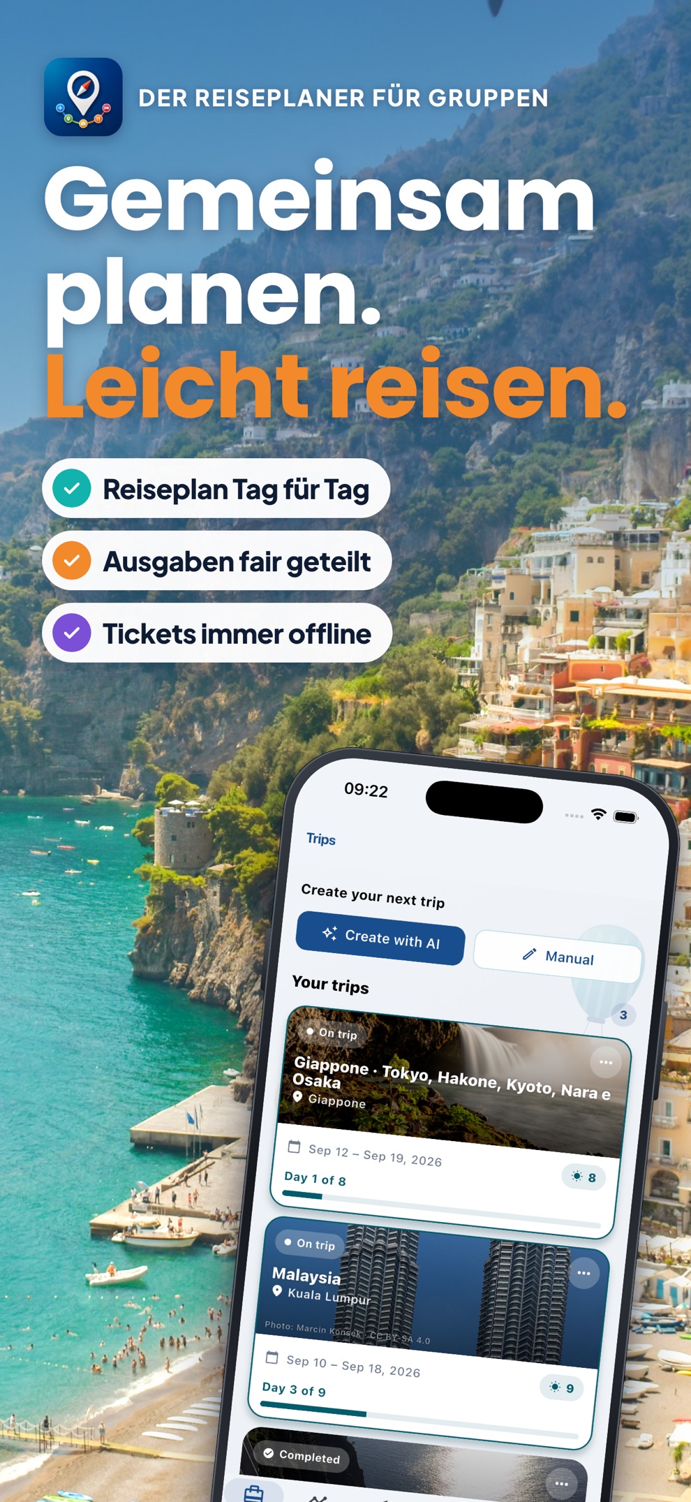 Waynex: gemeinsam planen, leicht reisen — Reiseplan, Ausgaben und Offline-Tickets