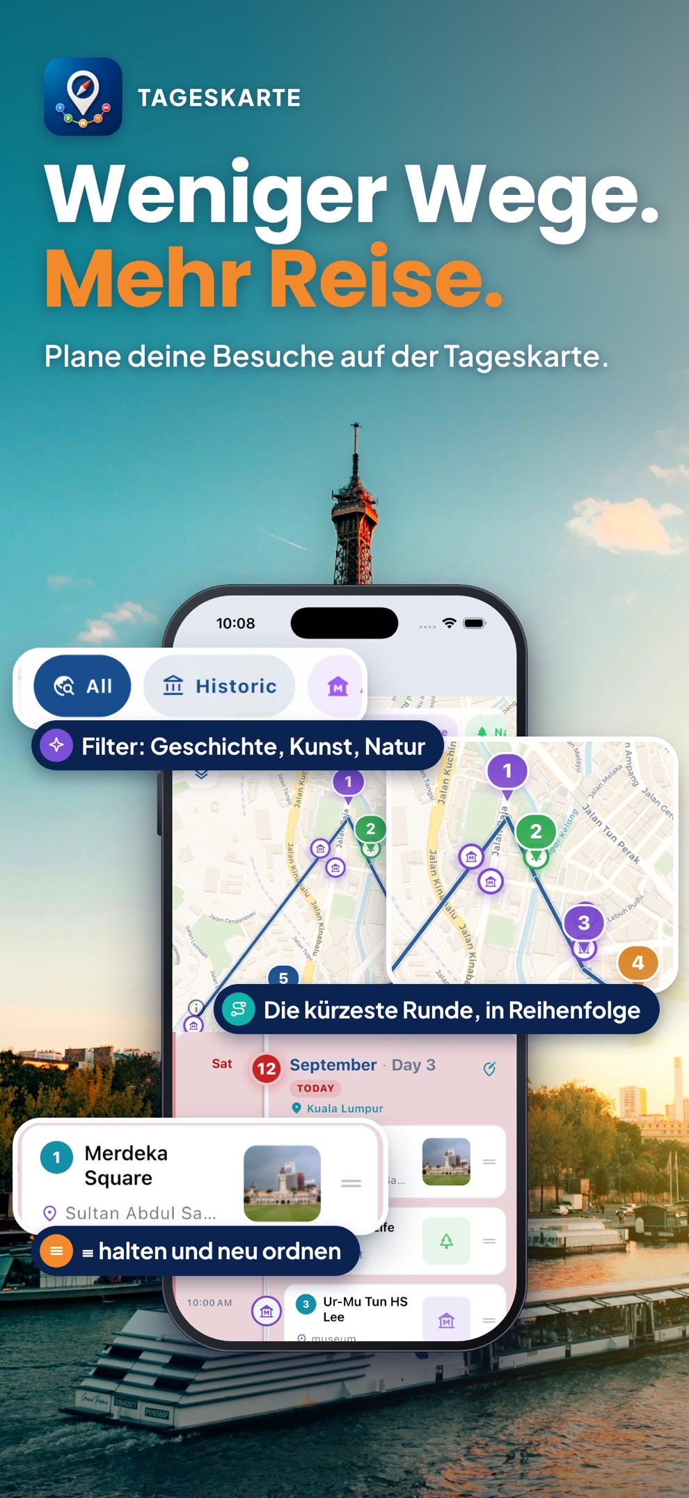 Waynex: Tageskarte mit Stopps in Reihenfolge und kürzester Route